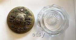 Antique Czech Glass Crystal Jeweled Rare Butterflies Gold Ormolu Filigree Powder Jar 5 Diameter