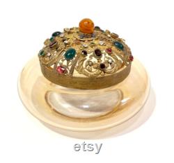 Antique Czech Glass Dresser Jar, Gilded Brass Filigree Jeweled Cover, Multi Color Art Glass Stones, 1920s Art Deco Vanity Powder Jar