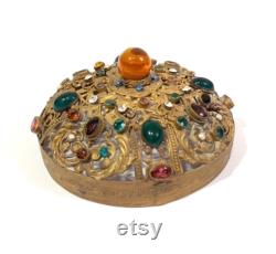 Antique Czech Glass Dresser Jar, Gilded Brass Filigree Jeweled Cover, Multi Color Art Glass Stones, 1920s Art Deco Vanity Powder Jar