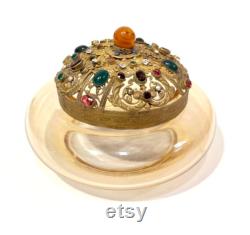 Antique Czech Glass Powder Jar, Gilded Brass Jeweled Cover with Open Work, Multi Color and Shape Glass Cabochons 1920's Art Deco Vintage Vanity