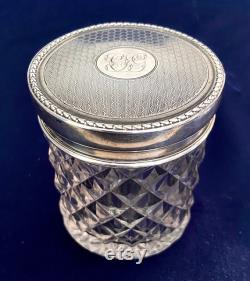 Antique Deluxe English Carved Crystal and Sterling Silver Cosmetic Storage Jar- 1916