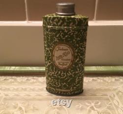 Antique Djer-Kiss Talcum, Small Talcum Tin with Metal Lid and Shaker in Green Pattern Tin Marked Kerkoff Distributors NY for Vanity Display