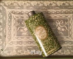 Antique Djer-Kiss Talcum, Small Talcum Tin with Metal Lid and Shaker in Green Pattern Tin Marked Kerkoff Distributors NY for Vanity Display