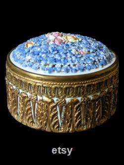 Antique Dresden Germany Porcelain Floral Encrusted Trinket Box Powder Box In Cased With Brass