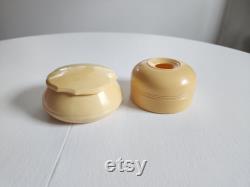 Antique Dubarry Pyralin Celluloid Light Cream Yellow Powder Jar and Hair Receiver - Vintage 1910s 1920s Style Vanity Boudoir Make Up Storage