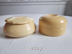Antique Dubarry Pyralin Celluloid Light Cream Yellow Powder Jar and Hair Receiver - Vintage 1910s 1920s Style Vanity Boudoir Make Up Storage
