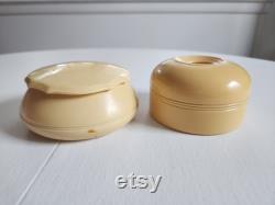 Antique Dubarry Pyralin Celluloid Light Cream Yellow Powder Jar and Hair Receiver - Vintage 1910s 1920s Style Vanity Boudoir Make Up Storage