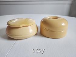 Antique Dubarry Pyralin Celluloid Light Cream Yellow Powder Jar and Hair Receiver - Vintage 1910s 1920s Style Vanity Boudoir Make Up Storage