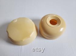 Antique Dubarry Pyralin Celluloid Light Cream Yellow Powder Jar and Hair Receiver - Vintage 1910s 1920s Style Vanity Boudoir Make Up Storage