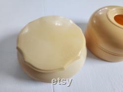 Antique Dubarry Pyralin Celluloid Light Cream Yellow Powder Jar and Hair Receiver - Vintage 1910s 1920s Style Vanity Boudoir Make Up Storage