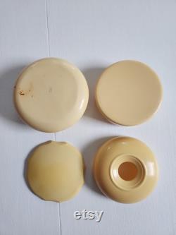 Antique Dubarry Pyralin Celluloid Light Cream Yellow Powder Jar and Hair Receiver - Vintage 1910s 1920s Style Vanity Boudoir Make Up Storage