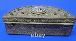 Antique E & JB Empire Art Gold Jeweled Ornate Brass Powder Trinket Vanity Box