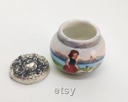 Antique Edwardian Art Nouveau Sterling Silver Lidded Porcelain 'Dutch Lady and Seagull Scene' Vanity Powder Pot, Hallmarked London, 1904. RARE
