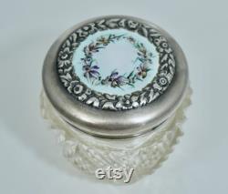 Antique Edwardian Sterling Enamel Pansy Floral Glass Powder Jar Vintage Art Nouveau
