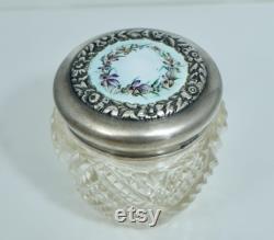 Antique Edwardian Sterling Enamel Pansy Floral Glass Powder Jar Vintage Art Nouveau