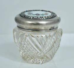 Antique Edwardian Sterling Enamel Pansy Floral Glass Powder Jar Vintage Art Nouveau