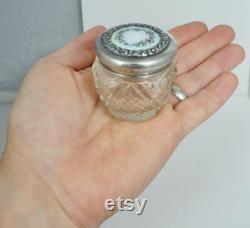 Antique Edwardian Sterling Enamel Pansy Floral Glass Powder Jar Vintage Art Nouveau