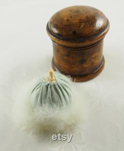 Antique Edwardian Treen Wooden Powder Box and Original Powder Puff, Swans down Puff with Bone Handle, Powder Box and Puff, England 1900-1910