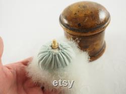 Antique Edwardian Treen Wooden Powder Box and Original Powder Puff, Swans down Puff with Bone Handle, Powder Box and Puff, England 1900-1910