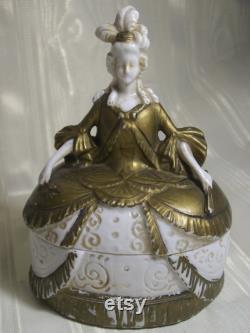 Antique Elegant Figural Royal Court Lady PORCELAIN POWDER Trinket BOX