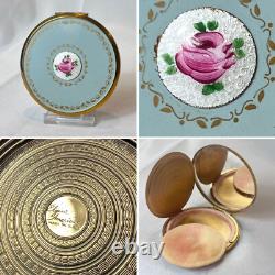 Antique Elgin American Compact Guilloché & Enamel Flower Mirrored Powder Box