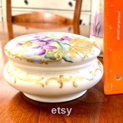 Antique Elite Limoges, Lidded Container Hand Painted Porcelain with Violets and Gilt Scrolling Pattern, 5 Round Powder Box, France.