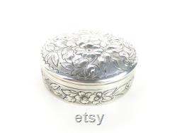 Antique Engraved Sterling Silver Box, Floral Repousse Powder or Trinket Holder by Howard and Co NY 1800s Victorian Vanity