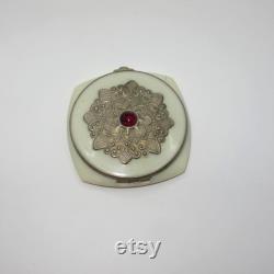 Antique Face Powder Box Vanity Accessory with Mirror Metal Floral Mandala Decorated Lid 1960s