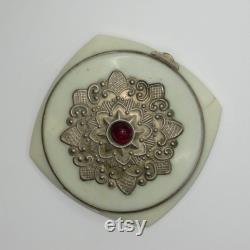 Antique Face Powder Box Vanity Accessory with Mirror Metal Floral Mandala Decorated Lid 1960s