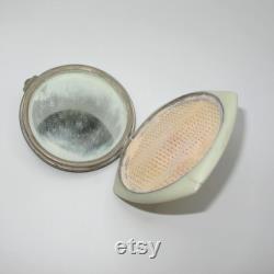 Antique Face Powder Box Vanity Accessory with Mirror Metal Floral Mandala Decorated Lid 1960s