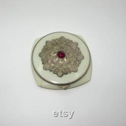 Antique Face Powder Box Vanity Accessory with Mirror Metal Floral Mandala Decorated Lid 1960s Antique Face Powder Box Vanity Accessory with Mirror Metal Floral Mandala Decorated Lid 1960s