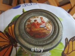 Antique Footed Powder Music Box Aluminum Metal Trinket Vanity Victorian Top Works.