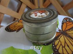 Antique Footed Powder Music Box Aluminum Metal Trinket Vanity Victorian Top Works.