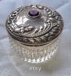 Antique Foster and Bailey Sterling Silver Repousse Filigree Crystal Powder Jar