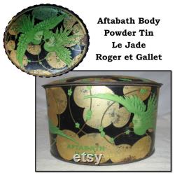 Antique French Aftabath Body Powder Tin, Le Jade Green Parrots, Roger et Gallet, Paris