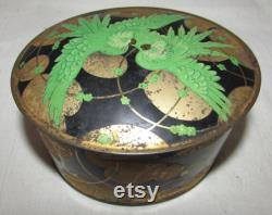 Antique French Aftabath Body Powder Tin, Le Jade Green Parrots, Roger et Gallet, Paris