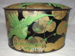 Antique French Aftabath Body Powder Tin, Le Jade Green Parrots, Roger et Gallet, Paris