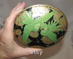 Antique French Aftabath Body Powder Tin, Le Jade Green Parrots, Roger et Gallet, Paris