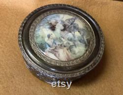 Antique French Bronze With Beautiful Art Work Top And Glass Insert Vanity Powder Jar 4 1 2