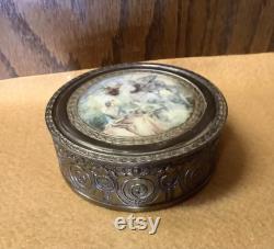 Antique French Bronze With Beautiful Art Work Top And Glass Insert Vanity Powder Jar 4 1 2