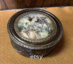 Antique French Bronze With Beautiful Art Work Top And Glass Insert Vanity Powder Jar 4 1 2