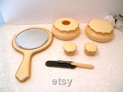 Antique French Ivory Dresser Set from 1920s, Vintage Celluloid USED set of hand mirror, cuticle blade, hair receiver, powder box, make up
