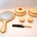 Antique French Ivory Dresser Set from 1920s, Vintage Celluloid USED set of hand mirror, cuticle blade, hair receiver, powder box, make up