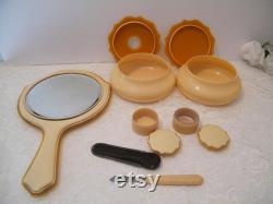 Antique French Ivory Dresser Set from 1920s, Vintage Celluloid USED set of hand mirror, cuticle blade, hair receiver, powder box, make up