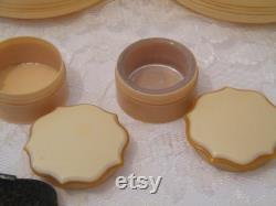 Antique French Ivory Dresser Set from 1920s, Vintage Celluloid USED set of hand mirror, cuticle blade, hair receiver, powder box, make up