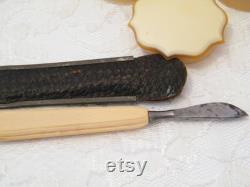 Antique French Ivory Dresser Set from 1920s, Vintage Celluloid USED set of hand mirror, cuticle blade, hair receiver, powder box, make up