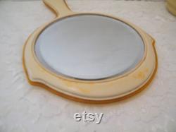 Antique French Ivory Dresser Set from 1920s, Vintage Celluloid USED set of hand mirror, cuticle blade, hair receiver, powder box, make up