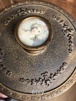 Antique French Ormolu Gilt Powder Box With Exquisite Miniature Painting Barbola Swag