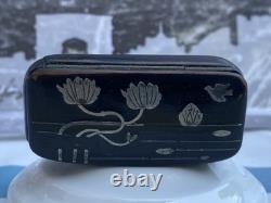 Antique French Vanity Jewelry Box Powder Jar Trinket Case Silver with Water Lilies