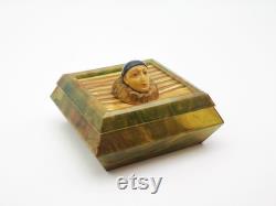 Antique French celluloid powder box, Art Dec powder box with shutter opening, Pierrot handle, rare Art Dec jade color celluloid powder box